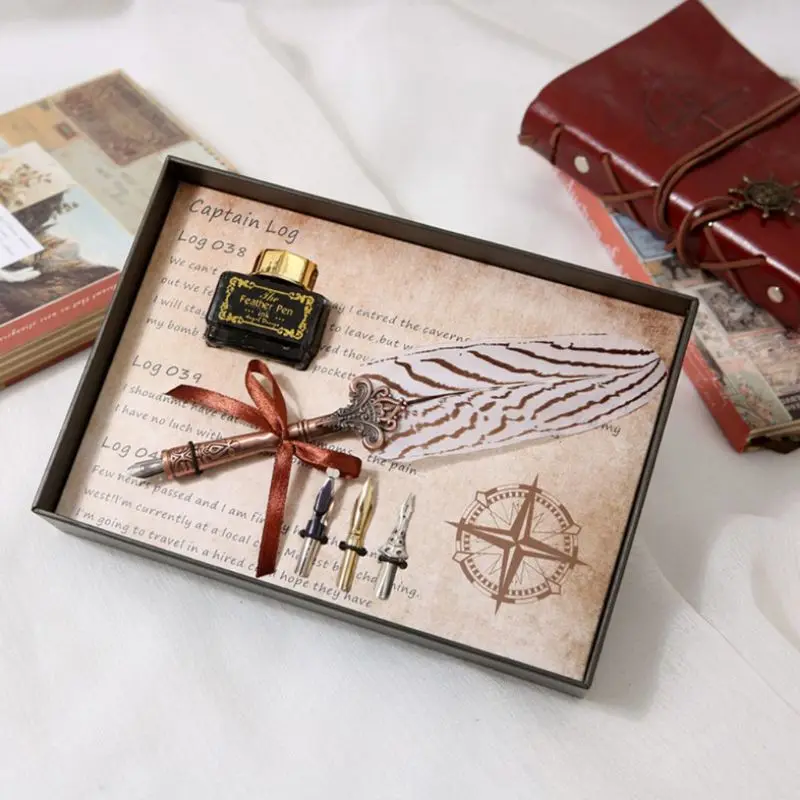 

Vintage Feather Quill Dip Pen Fountain Pens With Ink +3 Nibs Set Stationery Gift U4LD