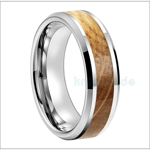6mm 8mm Tungsten Carbide Rings Whiskey Barrel Oak Wood inlay for Men Women Engagement Wedding Bands Beveled Edges Polished 6mm