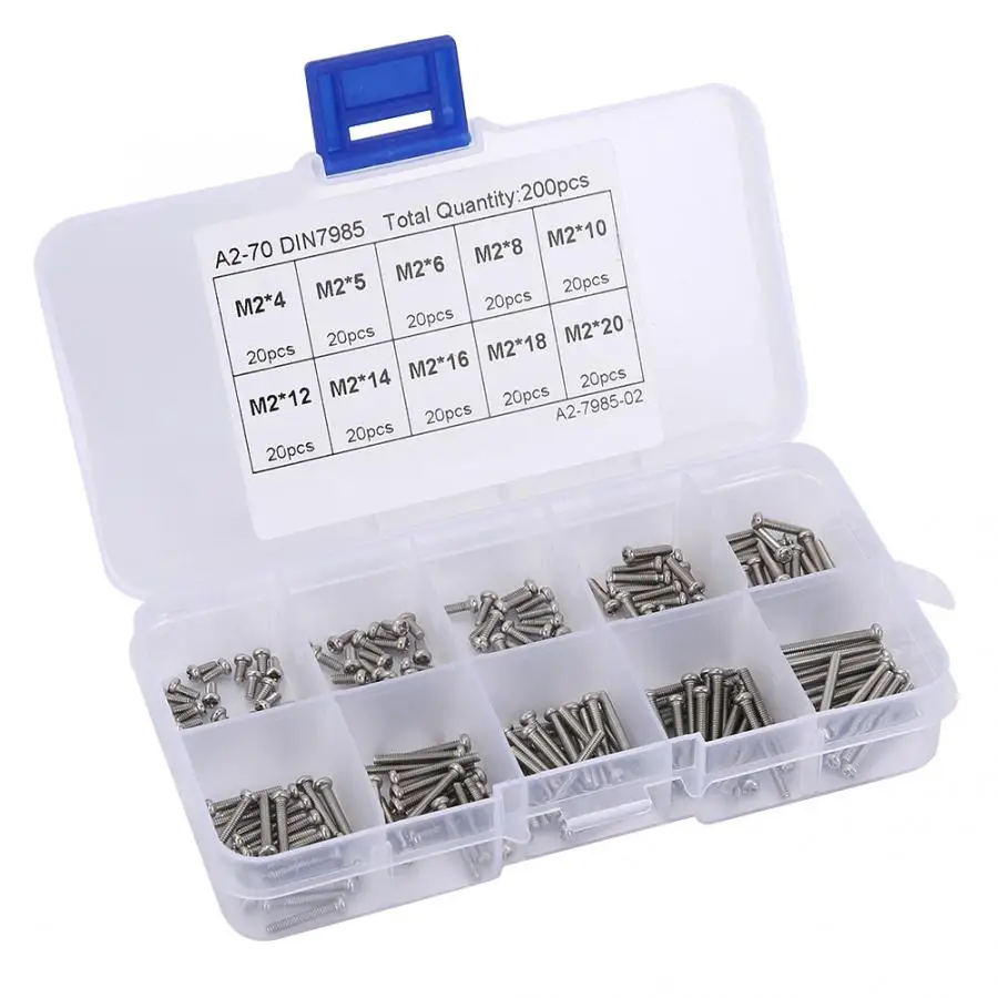 

Stainless Steel Screws 200pcs M2*4\M2*5\M2*6\M2*8\M2*10\M2*12 M2*14\M2*16\M2*18\M2*20 Cross Pan Head Screw Set Screw Nut