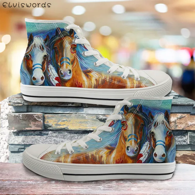 ELVISWORDS 3D Painting Horse Black High Top Women Casual Canvas Shoes Womens Vulcanize Flats Shoes Spring Woman Girls Sneakers sky blue