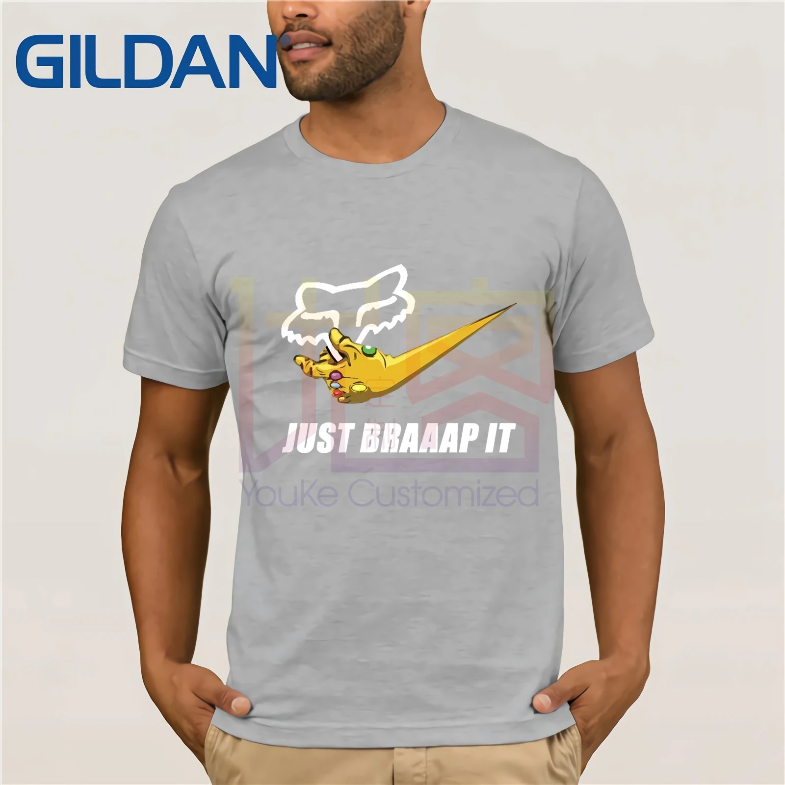 Fox racing infinity gauntlet Just brap it, футболка, Забавные футболки, хлопковые топы, футболка, потрясающая Уникальная футболка с коротким рукавом - Цвет: light grey