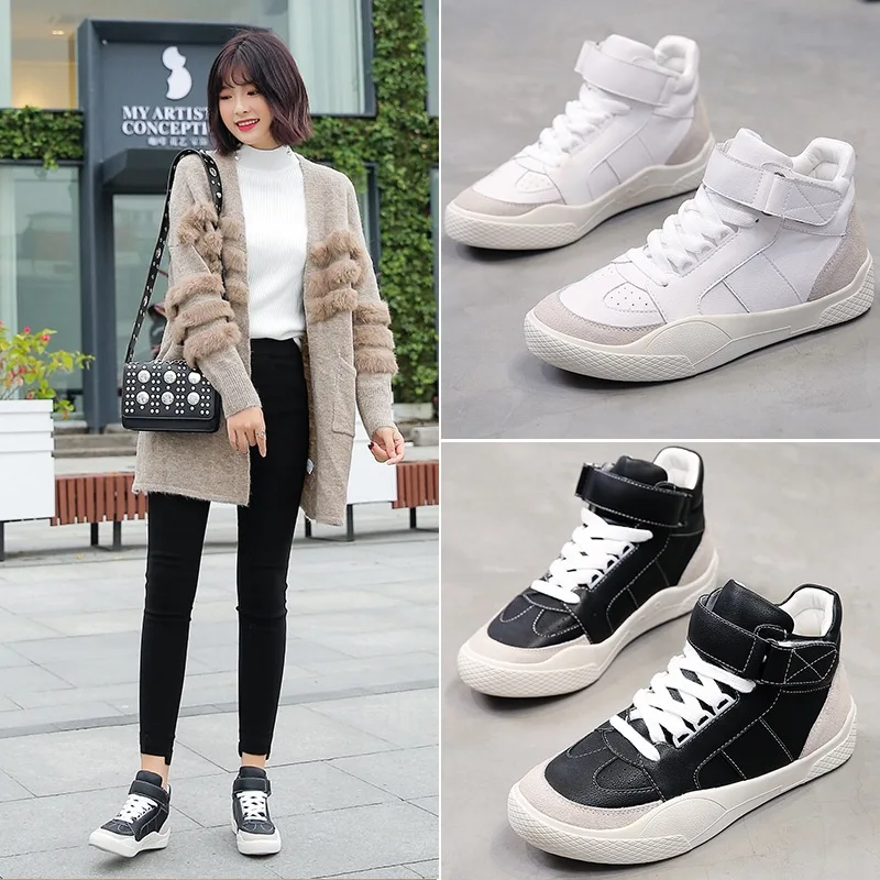 

High Shoes Women's 2018 New Style Autumn & Winter Korean-style Versatile Flat Casual Black And White with Pattern Athletic Shoes