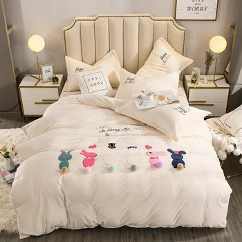

Cute Cartoon Rabbit Embroidery White Purple Pink Gray Winter Flannel Velvet Child Bedding set Duvet Cover Bed Sheet Pillowcases