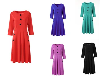 

2019 New Large Size Dress Winter Solid Color Dress round Neck Three-Quarter Sleeve A- line Dress