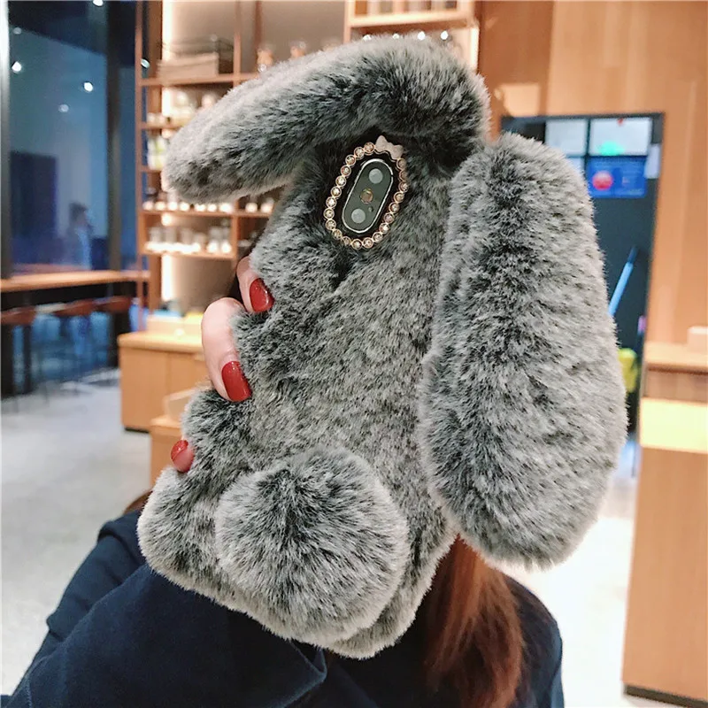 

For iphone X XR 5s 6 6s Plus 7 8 Case Fluffy Rabbit Fur Bunny Plush Back cover For Apple iPhone 11 Pro Max XS Mobile Phone Case