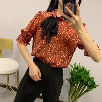 

2020 Ladies Summer Runway Silk Blouse Shirts Women Half Lantern Sleeve Heart Print Vintage Pullover Hot Shirts Tops