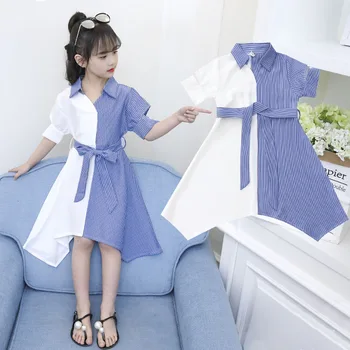 

Girls Dress Casual short Sleeve stripe Patchwork Shirt Dress With Belt Fashion Teenager Blouse Dresses 6 8 12 Years