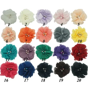 

40 Pcs Chiffon Flowers Patches for Girls DIY Hair Bows without Clips Pearls Hair Accessories On Sales 20 Colors Available