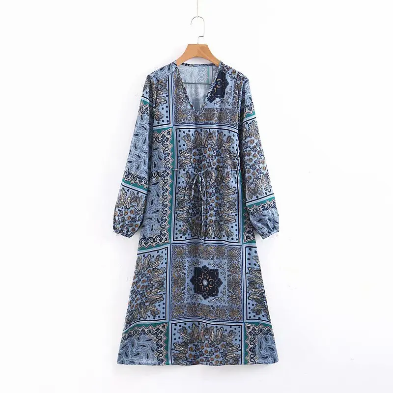 

Europe And America WOMEN'S Dress 2019 Spring New Style Elegant Long Sleeve V-neck Printed Waist Hugging Long Skirts A- line Skir