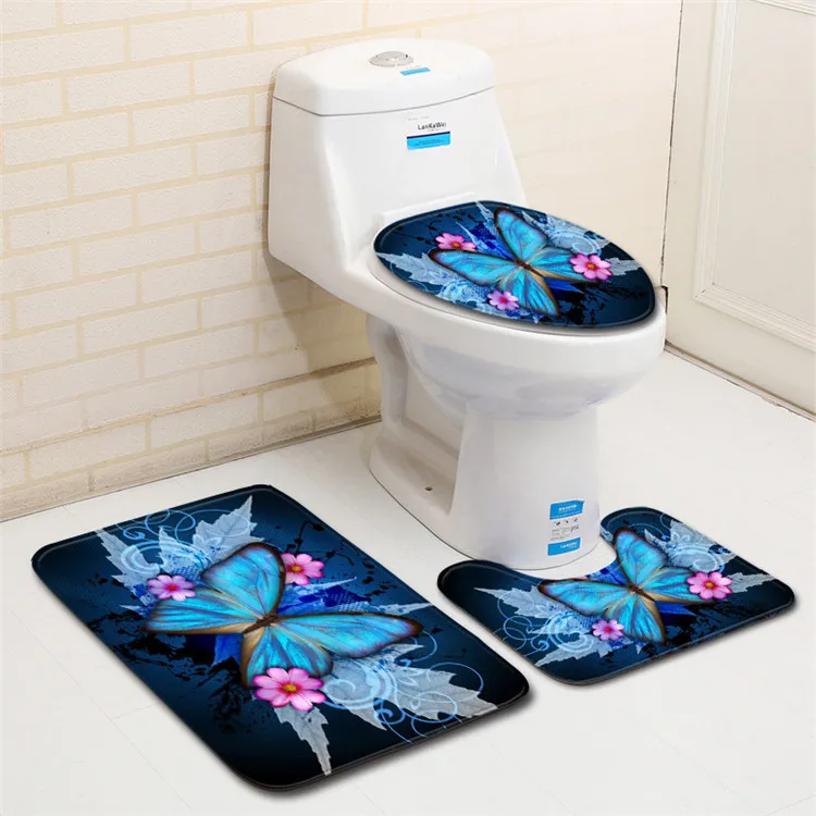 3pcs Bath Mats Butterfly Cartoon Anti Slip Bathroom Mat Set Coral Fleece Floor Bath Mats Washable Toilet Rugs Bathroom Products