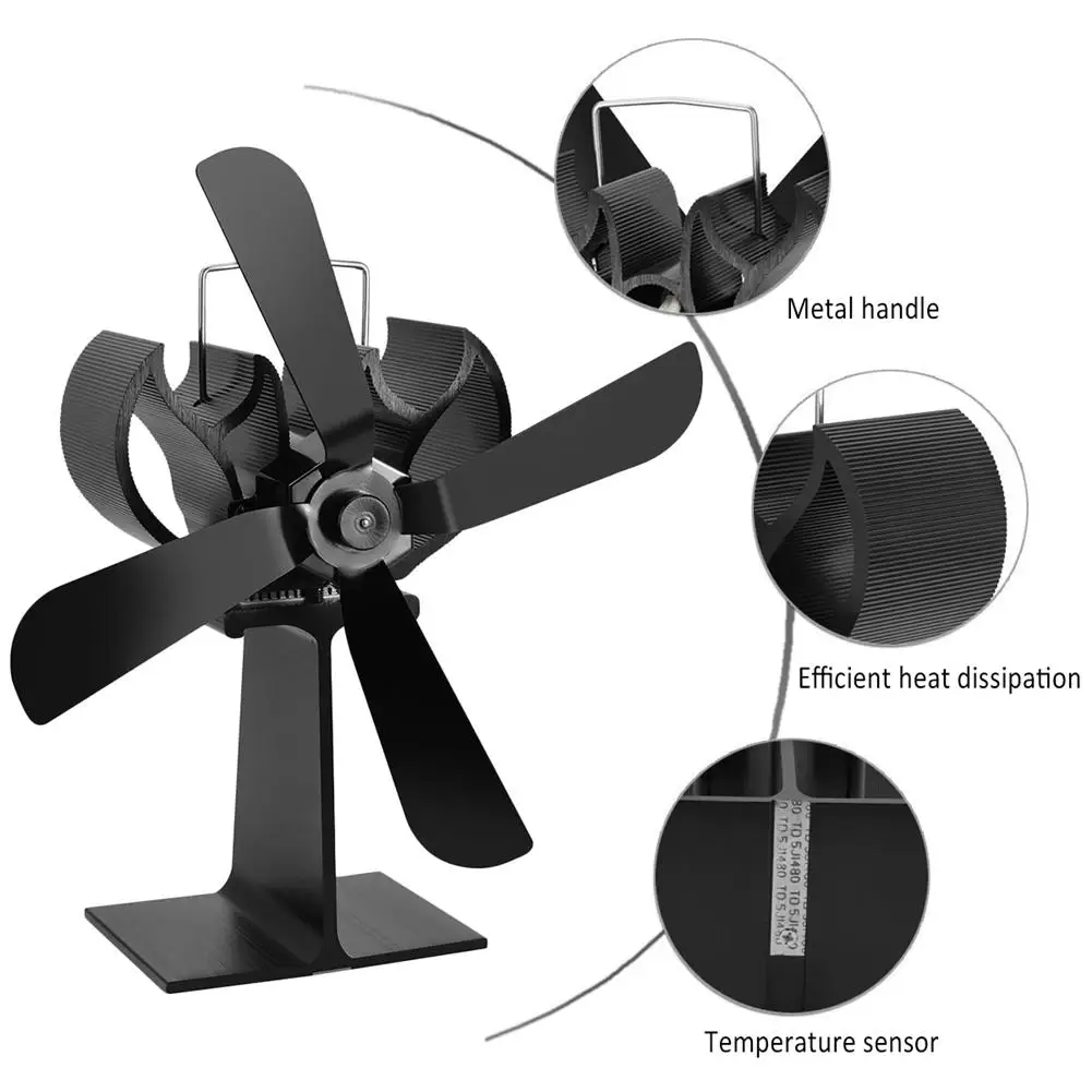 4 лопасти вентилятор для печи, работающий от тепловой энергии бревна деревянная горелка тихий черный Домашний Вентилятор для камина эффективное распределение тепла