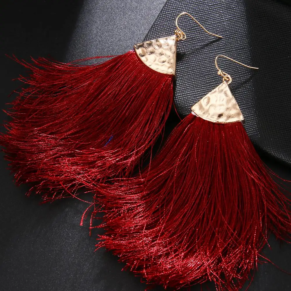 RscvonM богемная кисточка кристалл длинные висячие серьги для женщин Красная хлопковая и шелковая ткань бахрома серьги Модные женские ювелирные изделия
