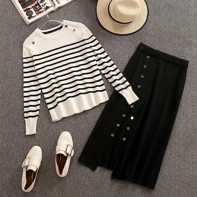 

Oshangchaopin Women's Knitted 2-piece Sets Striped Button Pullover Sweaters+Elastic Waist Single Breasted Split Skirt Female Set