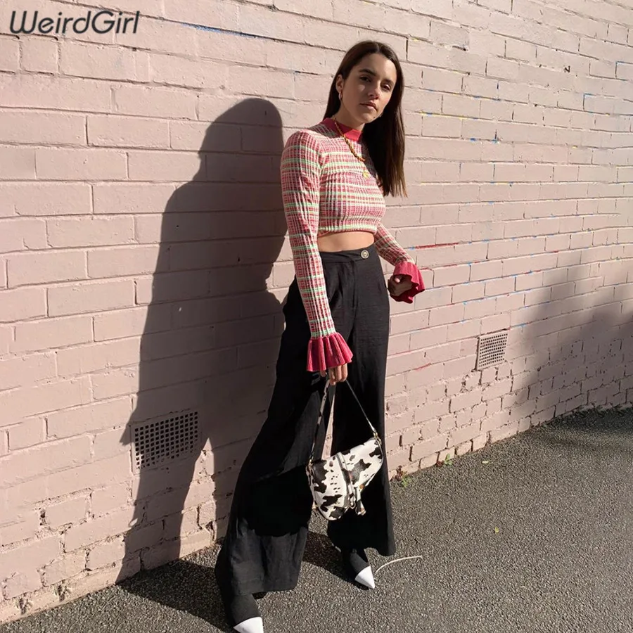 Weirdgirl женские модные клетчатые толстовки с рукавом-бабочкой и круглым вырезом, Осенние новые женские уличные пуловеры, эластичные повседневные толстовки