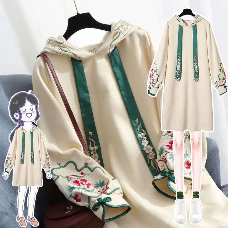 Plus Size Streetwear Chinese Style Women's Thick Sweatshirt Dress Women Autumn Mid-length Traditional Hanfu Cheongsam Hoodies ► Photo 3/6