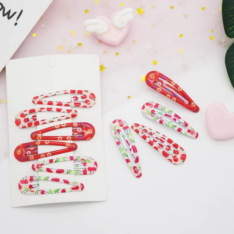 6Pcs/Set Fashion Hair Accessories Girls Cute Print Flower Cherry Hair Clip Lovely Hairpin Barrettes Headwear