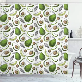 

Vegetables Shower Curtain, Organic Avocado Leaves Detox Antioxidant Lifestyle Stay Young Print, Cloth Fabric Bathroom Decor Set