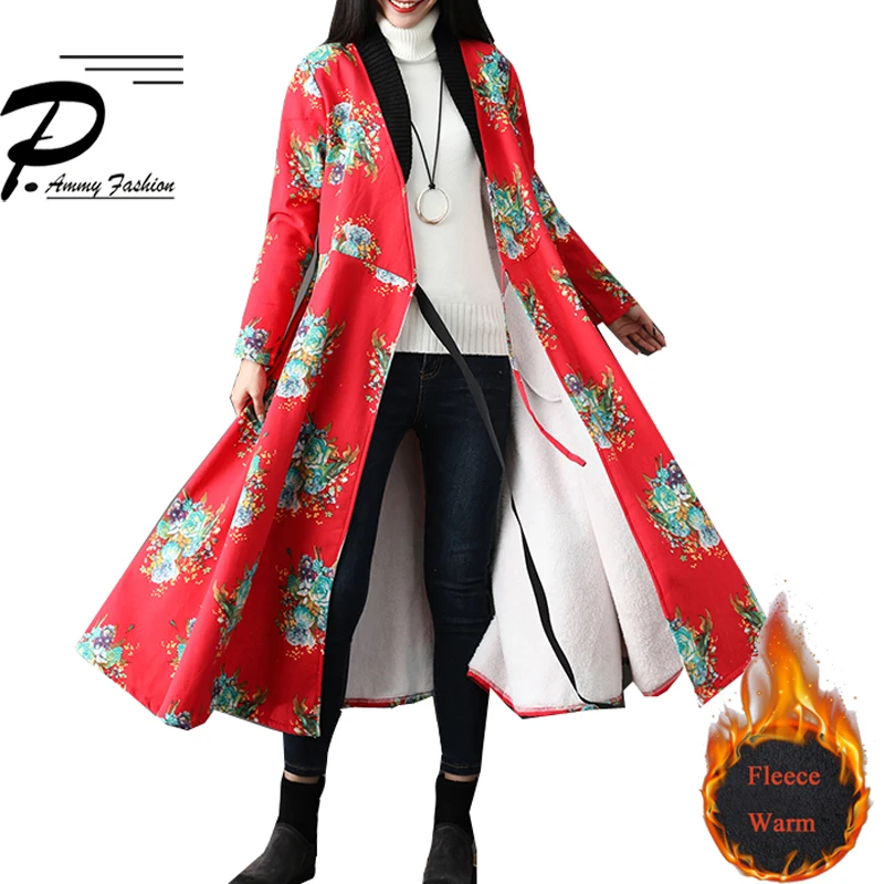 

Fleece Lining Thicken Warm Plus velvet Floral print Long Cardigan Dress Winter Plus Size Women Long Sleeve Long Coat plus size