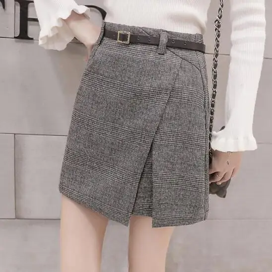 Винтажная клетчатая юбка с высокой талией, Осень-зима, женские мини-юбки с разрезом, неровная тонкая облегающая короткая юбка-трапеция DC11