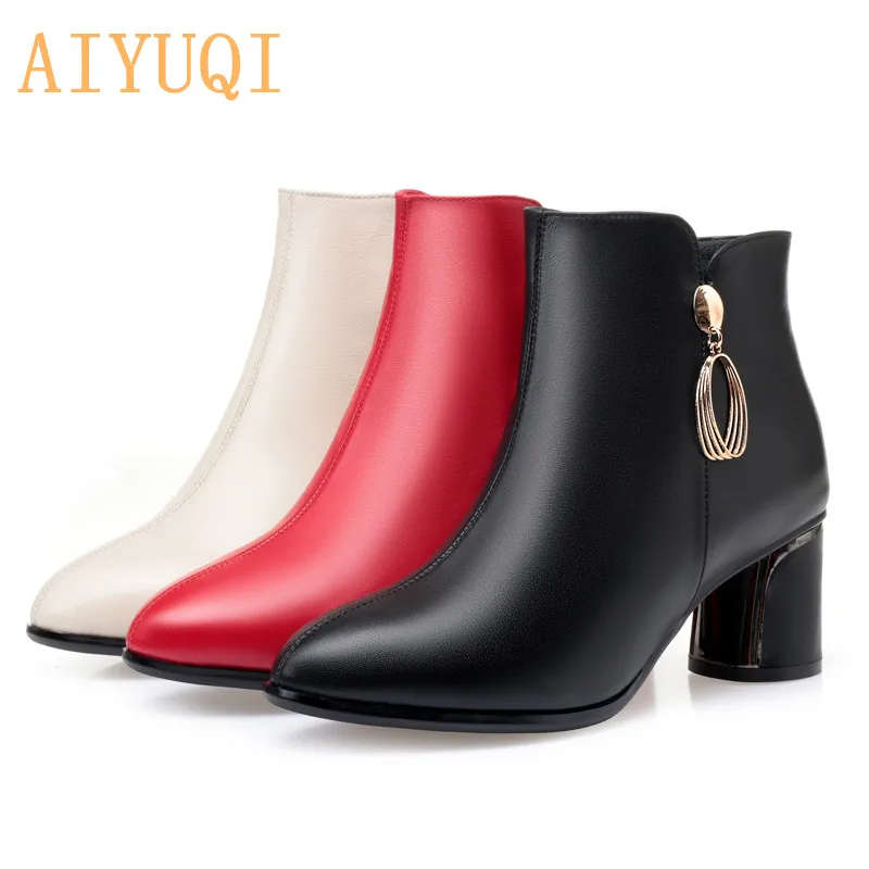 

AIYUQI 2019 New Winter Genuine Leather Women Dress Boots In Ankle Boots Europe and America High Heel Red Female wedding boots