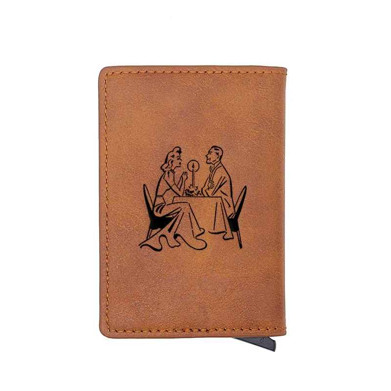 

Vintage Brown Date Couple Leather Credit Card Holder Purse Charm Men Women RFID Aluminium Short Wallet Birthday Gift