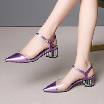 

Women Genuine leather 4cm High Heels sandals Sexy poined Toe Prom Dancing Shoes Woman Ladies Spring Summer New Shoes
