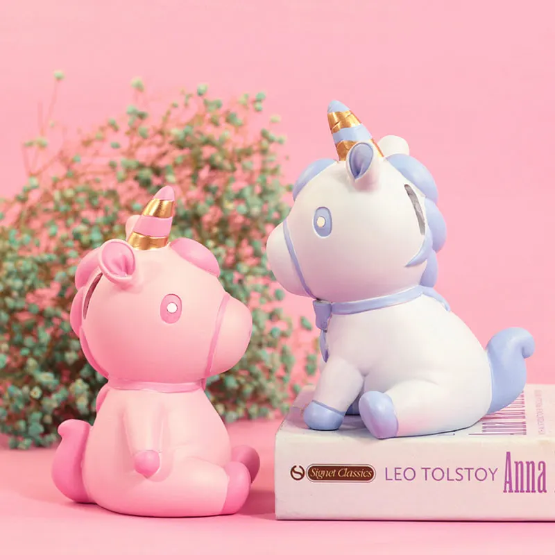 

Lovely Kids Gift Resin Cartoon Animal Unicorn Piggy Bank Money Saving Box Cute Coin Dispenser spaarpotten voor geld