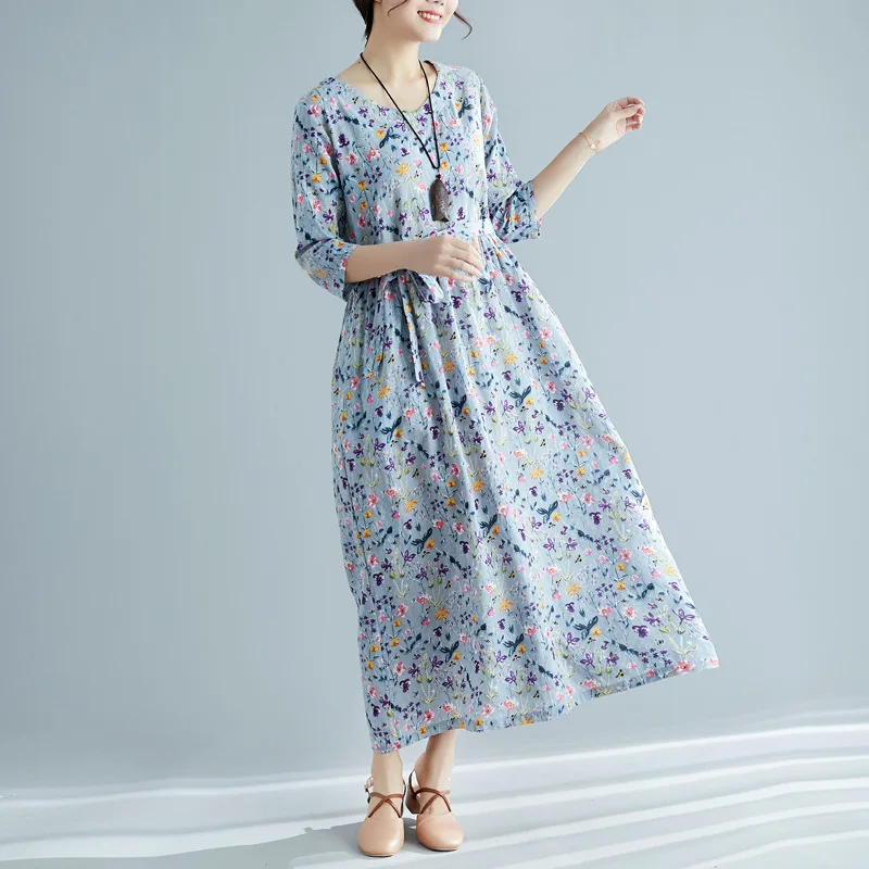 

2017 Photo Shoot Spring And Summer New Style Literature And Art Large Size Floral-Print Cotton Linen Printed Loose-Fit Waist Hug
