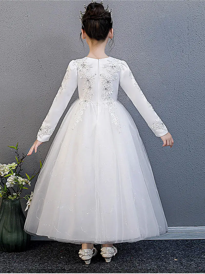 Платье принцессы с длинными рукавами и кружевной аппликацией; Сетчатое свадебное платье с блестками для девочек; вечерние платья; вечернее платье на День рождения; костюмы для девочек