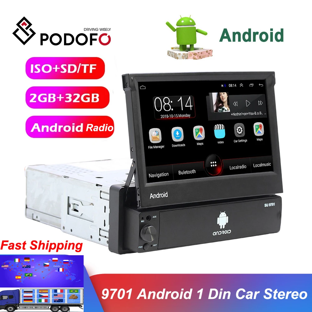Podofo Android 1 Din Quad-Core GPS Navigation FM Receiver 7'' Universa Car Radio WiFi Bluetooth MP5 Multimedia Player NO DVD |