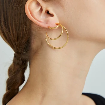 

Peri'sBox Gold Silver Color Triple Circle Hoop Earrings Gradient Big Loops Earrings for Women C Shape Layered Statement Earrings