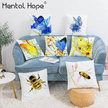 

Cartoon Butterfly Printed Plush Cushion Cover Honeybee Pattern Throw Pillow Cover Home Decor Square Decorative Pillowcase