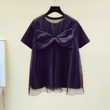 

Bow T-shirt for Woman Summer Fall New Loose Short Sleeve T-shirt Back Splice Mesh Bow Shirt Nancylim Tops Camisetas Mujer