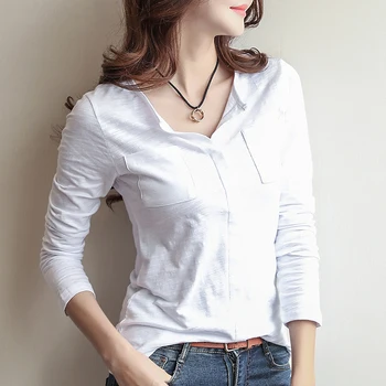 

2020 Autumn new solid color bamboo cotton long sleeve T-shirt women's slim Korean style split round neck T-shirt base shirt