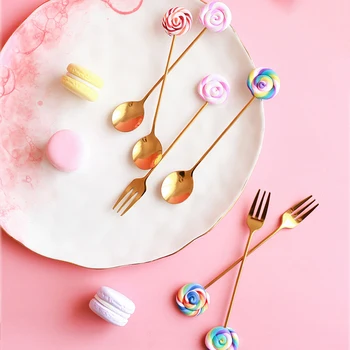 

4Pcs Golden Spoon And Fork Sets 304 Stainless Steel Dinnerware Coffee Dessert Tea Ice Cream Cake Spoons Forks Stirring Teaspoon