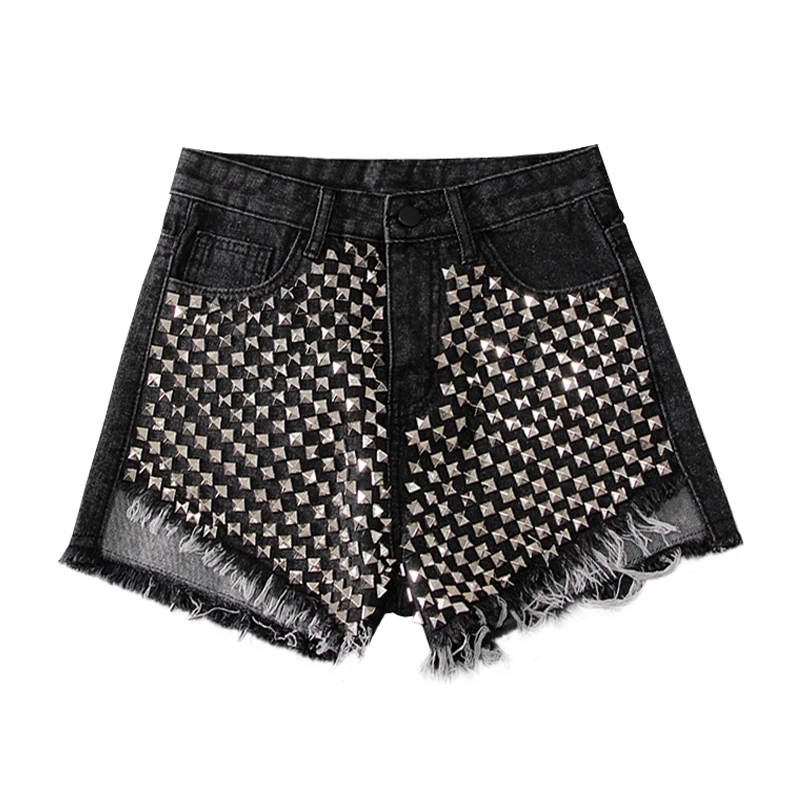 Женские джинсовые шорты Goth черные с высокой талией и заклепками летние бахромой