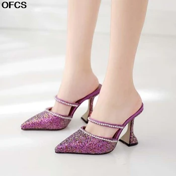 

Summer Women Pumps New Elegant Rhinestone Crystal Mules Glitter Bling Sequins Pointed Toe Cup Heel Pumps Women Shoes Size41