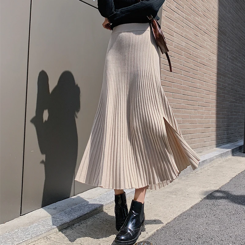 beige Новые женские длинные зимние юбки с высокой талией, однотонная плиссированная юбка с разрезом, женская вязаная теплая юбка макси, Saia Faldas - Цвет: beige