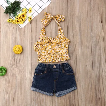 

Emmababy Summer Toddler Baby Girl Clothes Flower Print Strap Tops Denim Short Pants 2Pcs Outfits Clothes Summer