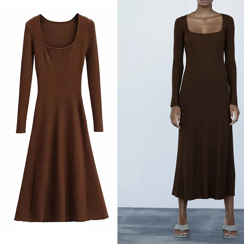 

Knitted Fitted Dress Khaki A-line Vintage Square Collar Long Sweater Dress Elegant Womens Korean Dress Autumn Za Vestidos Female