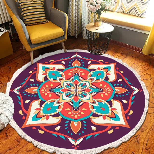 ​Home Decor Retro Bohemian Round Carpet Hand Woven Cotton Linen Carpet Rug Bedside Rug Geometric Floor Mat Living Room Carpet CC