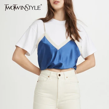

TWOTWINSTYLE Casual Patchwork Women T-shirt O Neck Short Sleeve Lace Hit Color Loose T Shirt For Female Fashion 2020 Clothes New