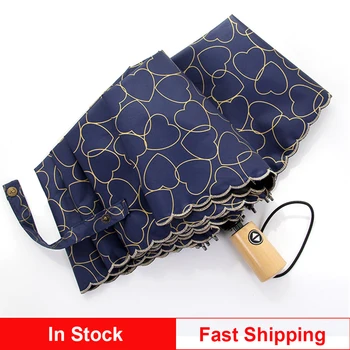 

Loving Heart Embroidery Automatic Rain Sun Umbrella For Women Portable Black Coating UV Umbrella Windproof Wood Handle Parasol