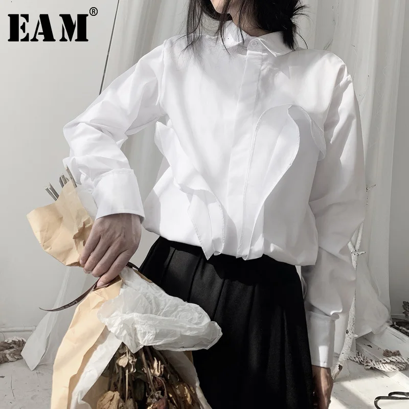 

[EAM] Women White Split Joint Big Size Blouse New Lapel Long Sleeve Loose Fit Shirt Fashion Tide Spring Autumn 2020 19A-a554