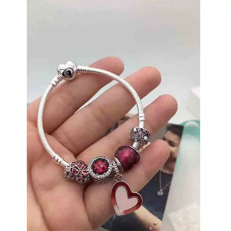 

High Quality 925 Pure Silver Red Heart-shaped Beads Love Pendant Bracelet Set with Original Logo Jewelry for Free Delivery.