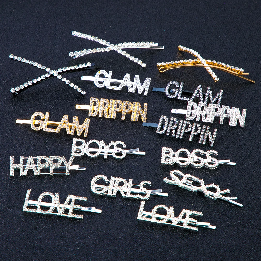 1Pc Shining Letter Hairpins Crystal Shiny Rhinestones Letters Hair Clips Women Styling Tool Hairgrip Jewelry Hair Accessories