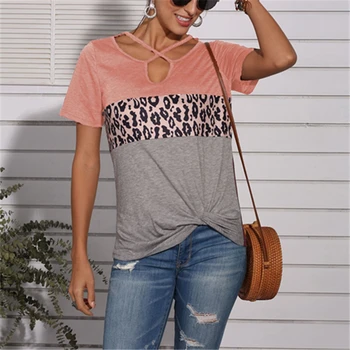 

Hollow Out T-shirt Women Tops Summer Leopard Patchwork Short Sleeve 2020 Fashion Knot Tops Tee Female Casual Loose Top Lady