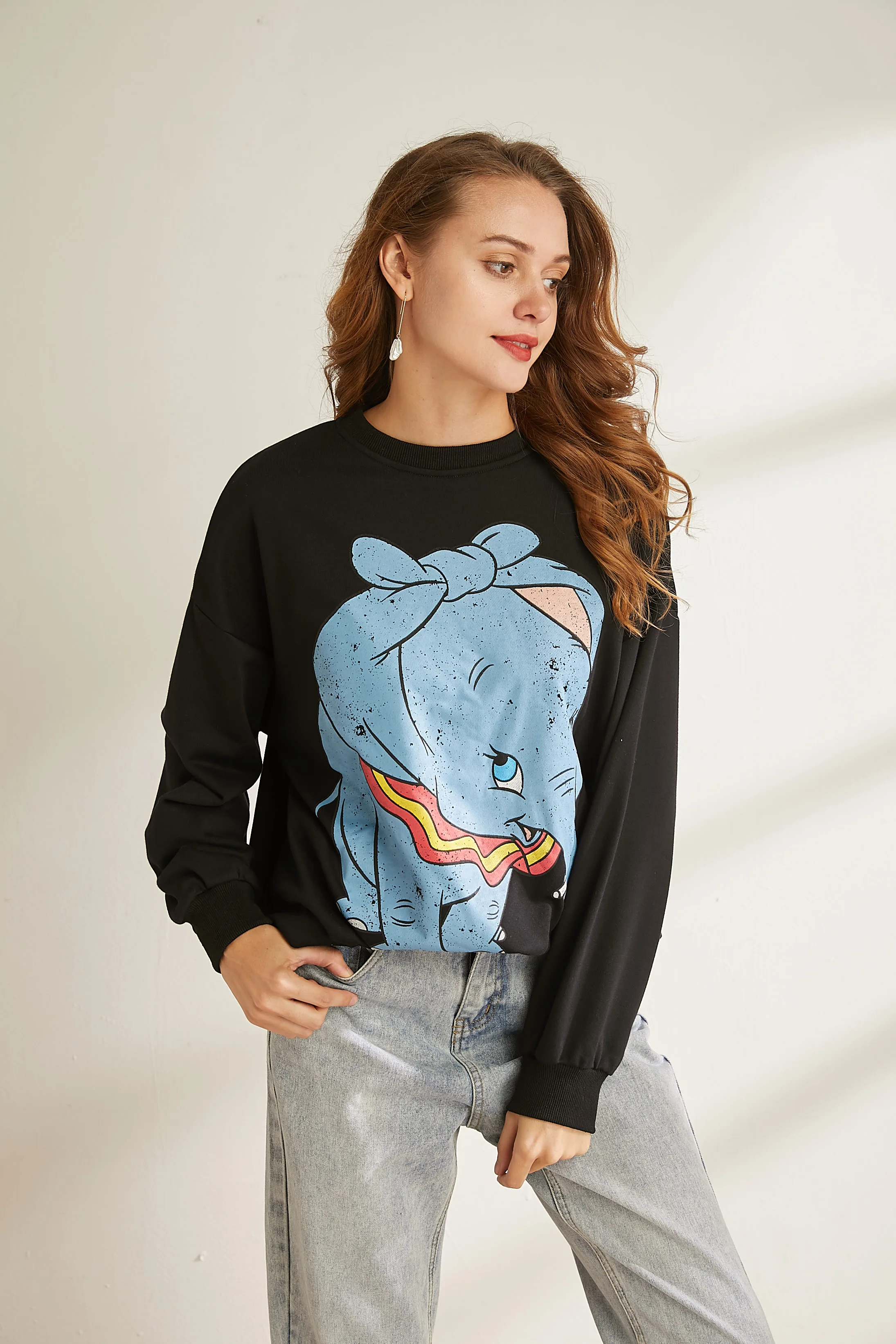 Dumbo Sweatshirt women clothing carton Elephant print autumn streetwear fashion o neck long sleeve oversize Black pullover