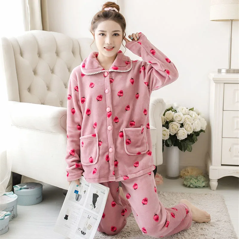 GOGONI/комплект зимних пижам, женская одежда для сна, теплые фланелевые пижамы с длинными рукавами, розовая Милая Домашняя одежда с принтом, толстый домашний костюм