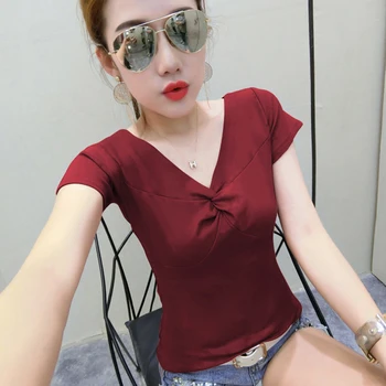 

Summer Deep cross V-neck Women Cotton T Shirts 2020 Lady Slim Short sleeve Fashion White t-shirts female Sexy Pink Burgundy Tops